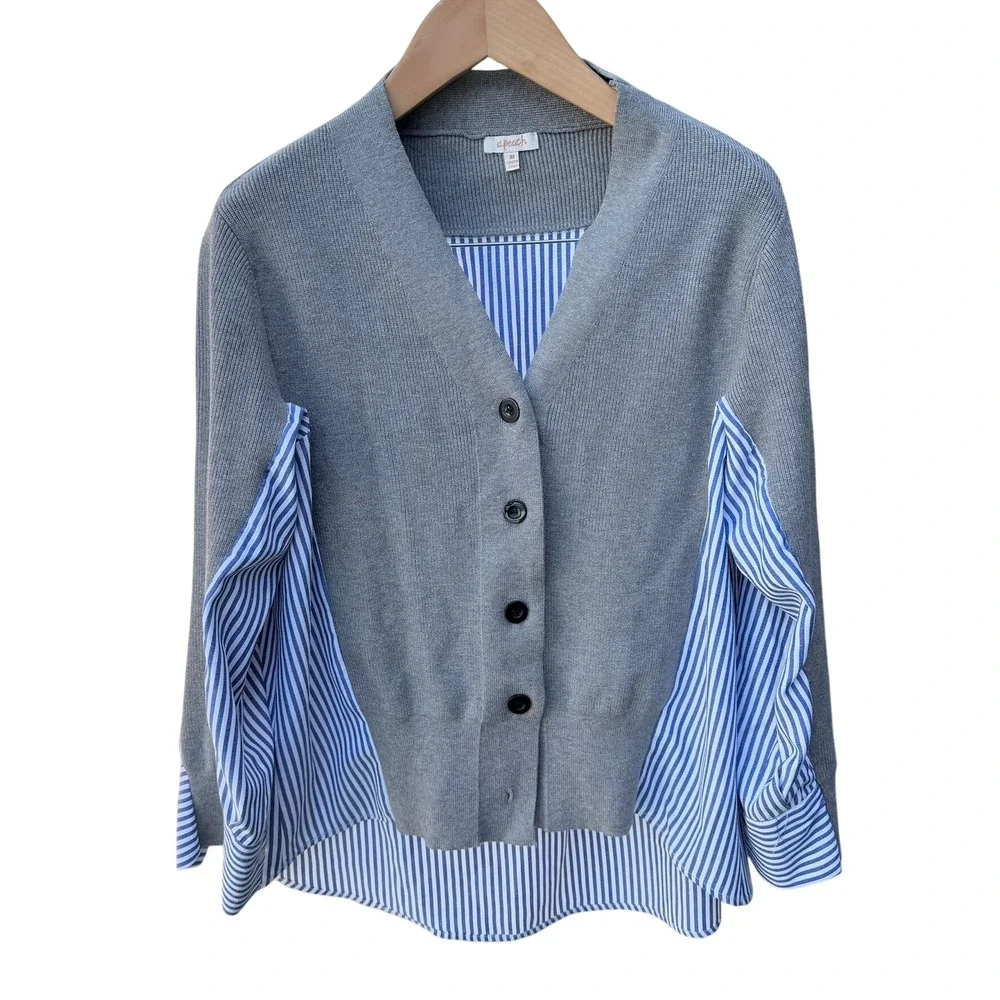 A.Peach Mixed Media Cardigan Womens Medium Gray Blue Striped Layered Look Casual